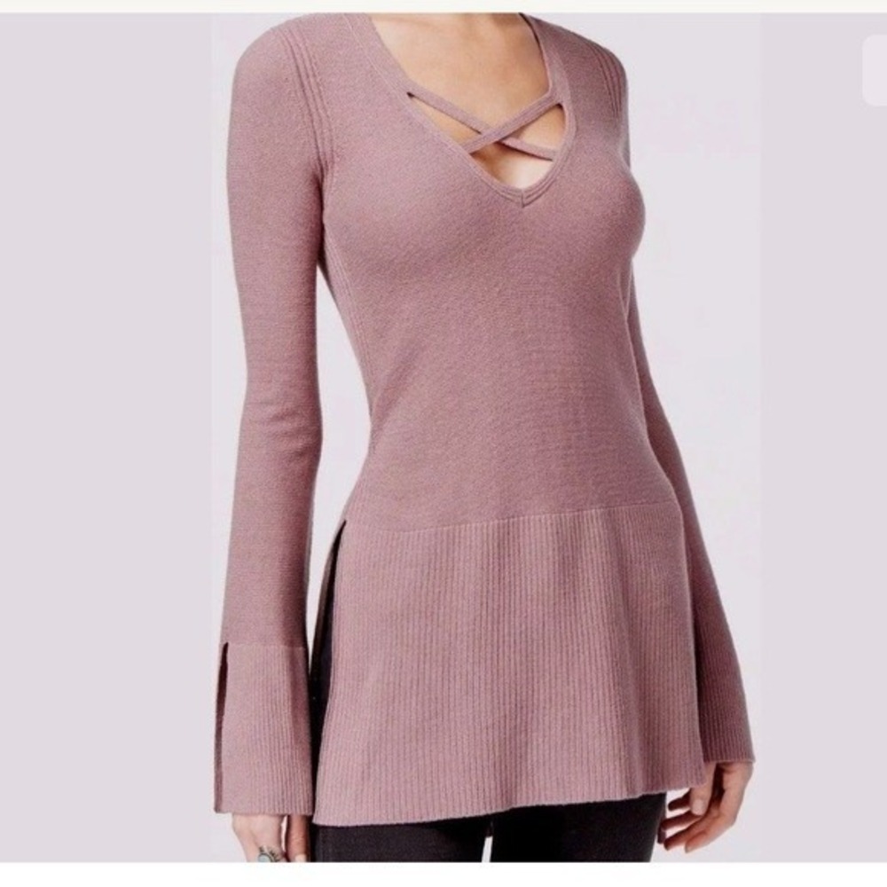 Free People Criss Cross V-Neck Tunic Sweater Mauve Purple Bell Sleeve Medium